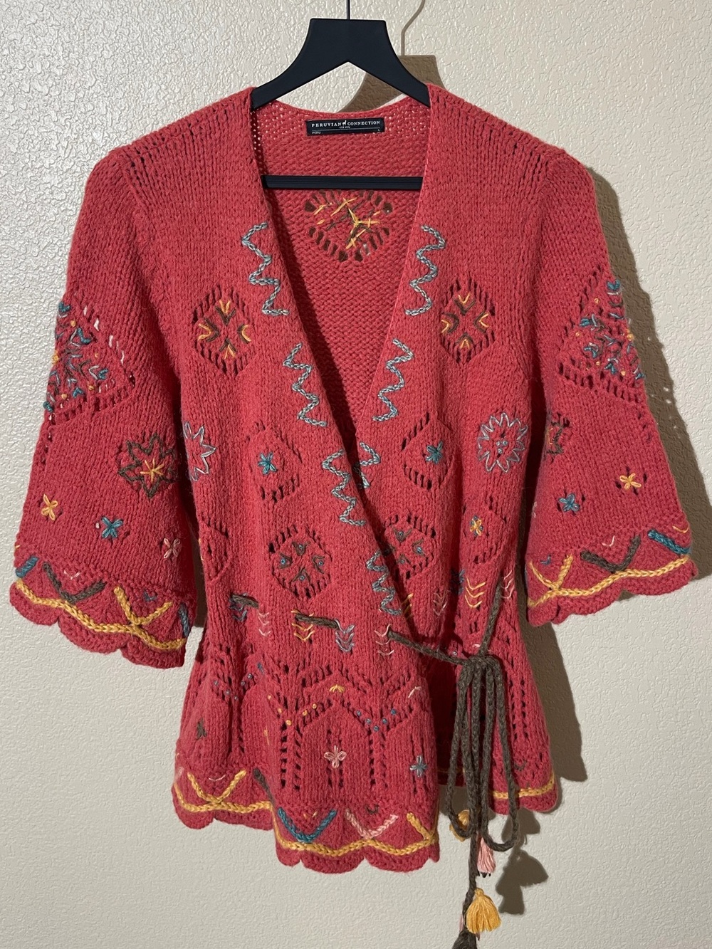 Peruvian Connection Red Embroidered Wrap Cardigan with Tassel Tie